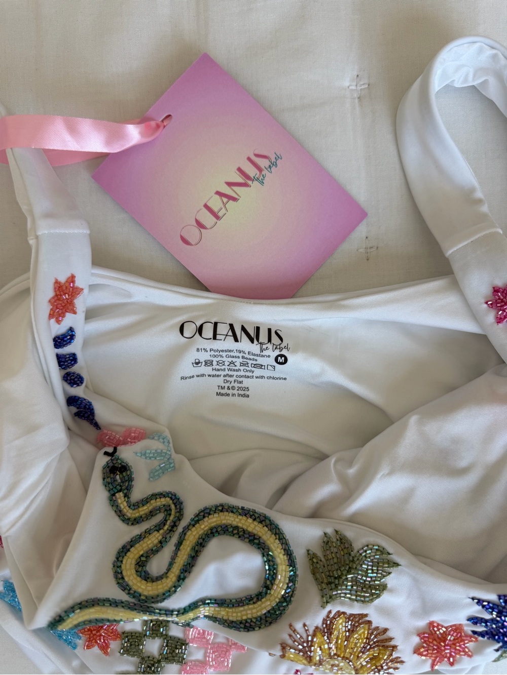 Oceanus Swimwear NWT Medium Sunny Snake Beaded Swimsuit in White - Picture 11 of 12